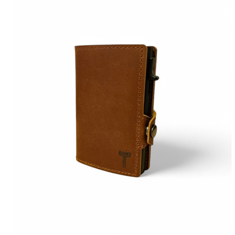 Hammer&Hide Genuine Saddle Leather Pop Up Wallet-Light Brown with Black Aluminum case - Unisex