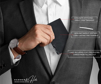 Hammer&Hide Genuine Saddle Leather Pop Up Wallet-Black with Black Aluminum case - Unisex