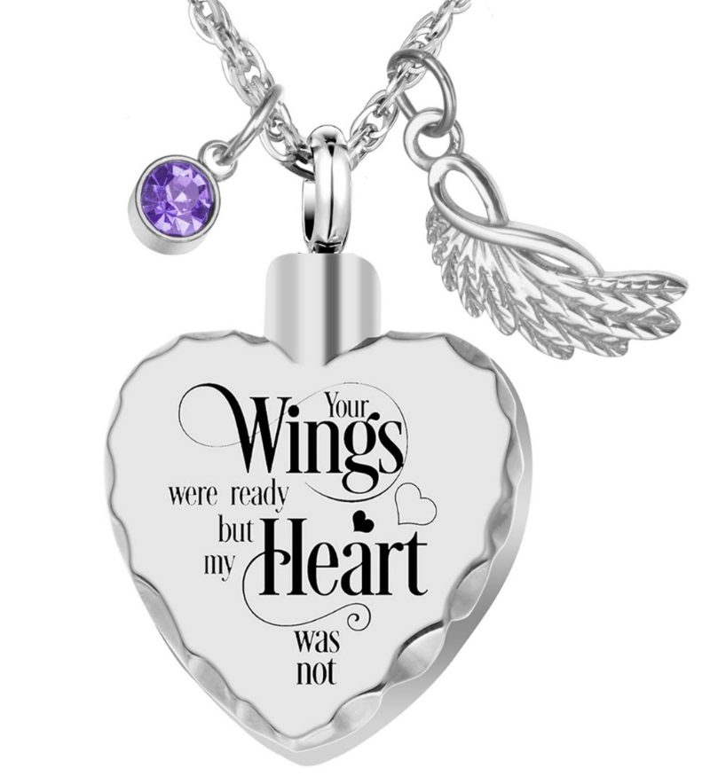 Memorial Safe Keeping Pendant: Your Wings Were Ready-Heart Patterned Edge