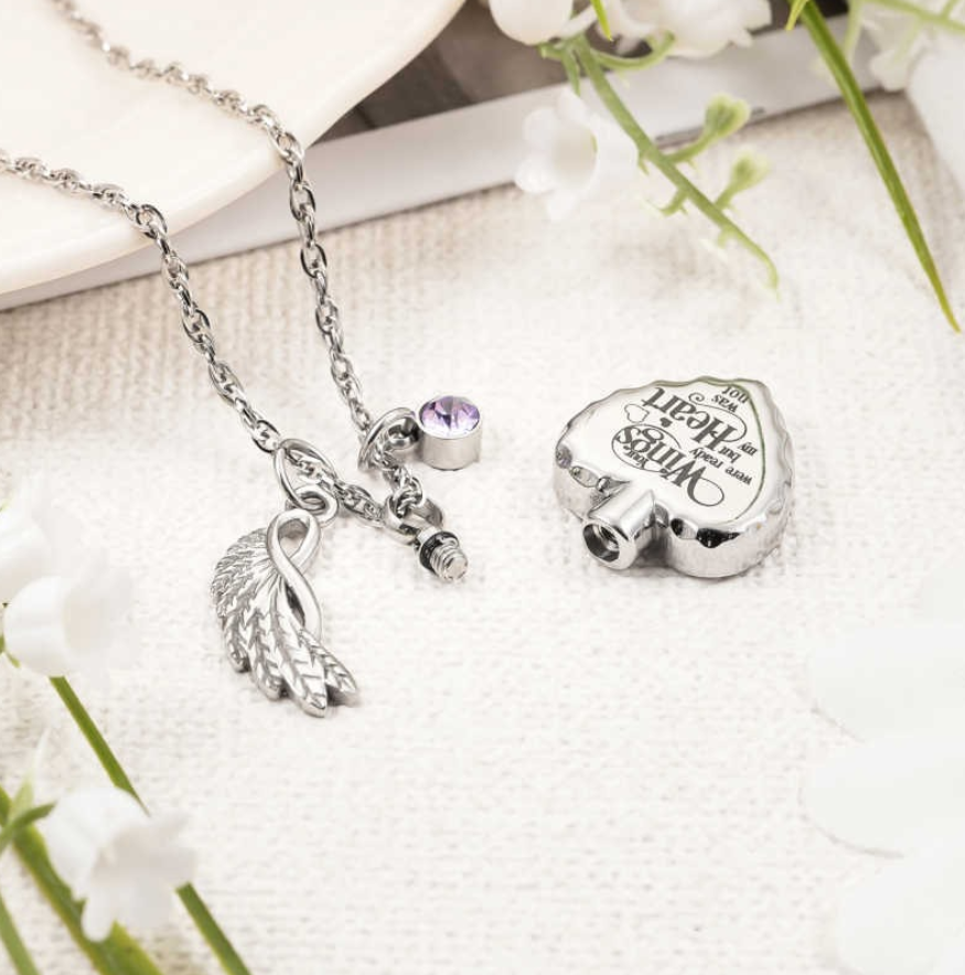 Memorial Safe Keeping Pendant: Your Wings Were Ready-Heart Patterned Edge