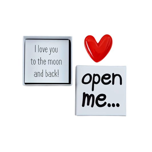 Message in a box with a Red Resin Heart: I love you to the moon & back