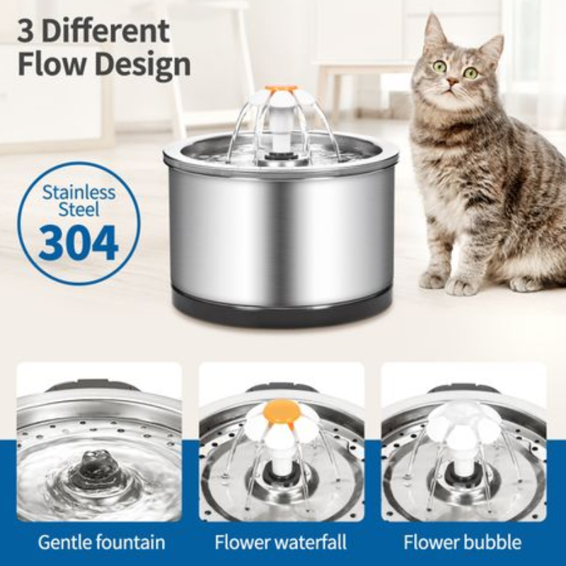 Silver SS pet water fountain with filters and cleaning kit - Value pack