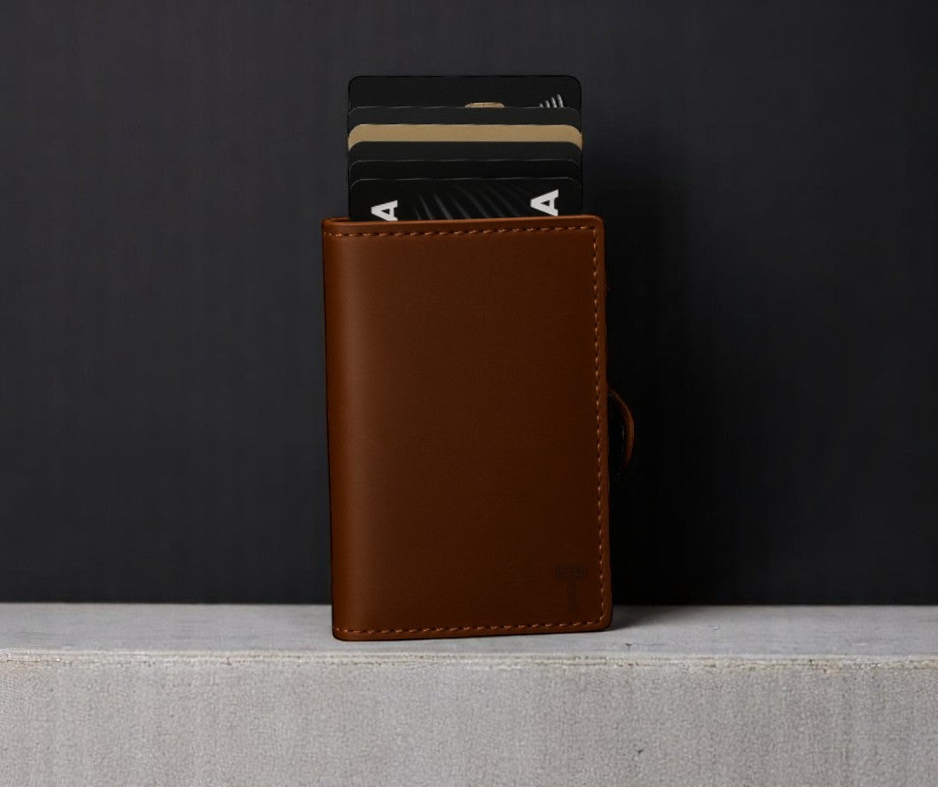 Hammer&Hide Genuine Saddle Leather Pop Up Wallet-Light Brown with Black Aluminum case - Unisex