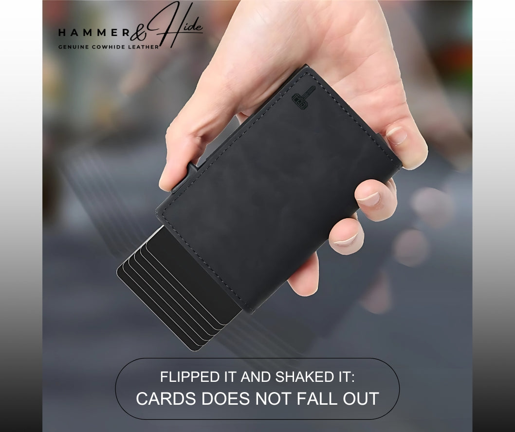 Hammer&Hide Genuine Saddle Leather Pop Up Wallet-Black with Black Aluminum case - Unisex